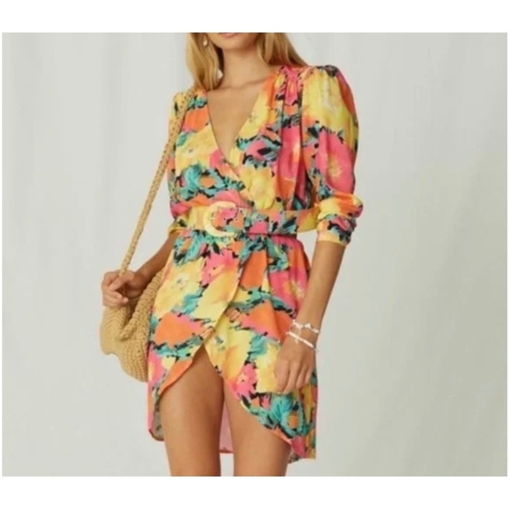 Jens Pirate Booty‎ Floral ambrosia Mini Dress Pink Yellow Orange Small boho Y2K